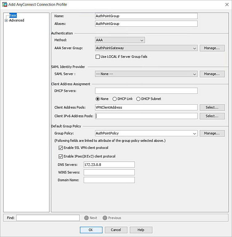 Screenshot of the Add AnyConnect Connection Profile